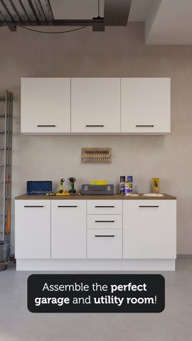 Madesa Compact Garage and Utility Room Storage Set 78 Inch Base Cabinet with 3 Drawers and 4 Doors Utility Bench Wooden Organization Unit - White