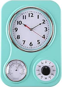 Lily's Home - 9.5 Inch x 12.5 Inch - Retro Kitchen Wall Clock, Vintage Wall Clock with a Thermometer and 60-Minute Timer, Ideal for Any Kitchen, Office, or Diner (Turquoise)