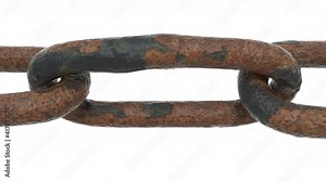 The camera captures a close-up of the links of a huge rusty chain. The chain runs from left to right on a white background.