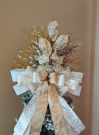 Christmas Tree Topper, Pearl Gold/Silver Tree Topper, XL Tree Toper, Winter Tree Topper Bow, Poinsettia Christmas, Elegant decor, Jeweled