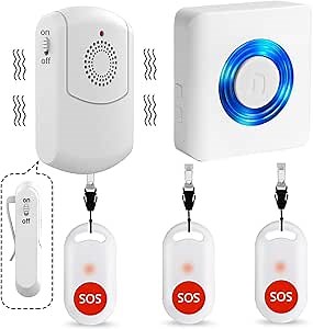 Caregiver Pager Wireless Call Button System Personal Alert Panic Button for Home Elderly Nurses Calling System with Portable Receiver + Plugin Receiver + Emergency Button (2Receiver+3Button)
