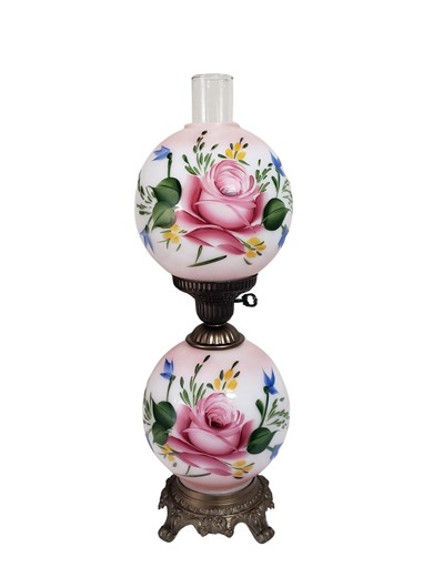 Vintage Round Globe Hurricane Lamp Pink White With Roses 21" - 23" Tall - Rewired - Etsy