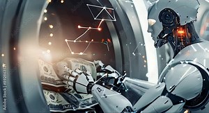 robot open a bank vault touching a money dollar bag, vault Password protected system, glowing data, bank technology, big data, cyber security data