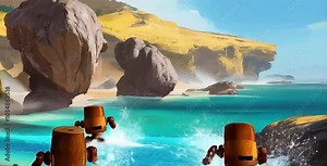 Three rusty robots play in turquoise waters, creating sparkling splashes against a backdrop of dramatic rock formations in a serene coastal landscape