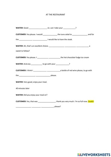 At the restaurant interactive worksheet for Elementary