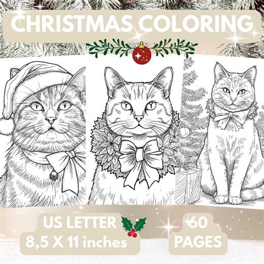 60 Christmas Cat Coloring Pages for Adult and Teenager to Print PDF - Etsy