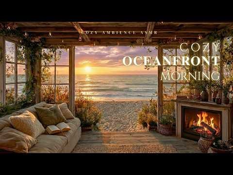 Cozy Oceanfront Morning 🔥🌊 Fireplace Crackles & Gentle Waves for Relaxing Escape