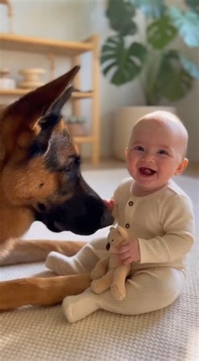 On screen text LOOK HOW GENTLE HE IS Prompt Static cinematic 8K Baby in cream footed pajama | Cuddle Paws