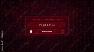 Credential Stuffing Computer Hacking attack over red binary background with digital world map. Credential Stuffing system password hacking concept.