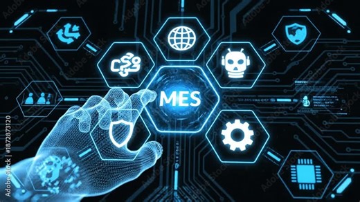 MES. Manufacturing execution system. Automation Software. Innovation, improving productivity. Wireframe hand places an element into a composition visualizing MES. 4k ,video