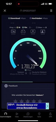 1,7 GBits Rekord 5G Speedtest im Telekom Netz / Stuttgart / n78