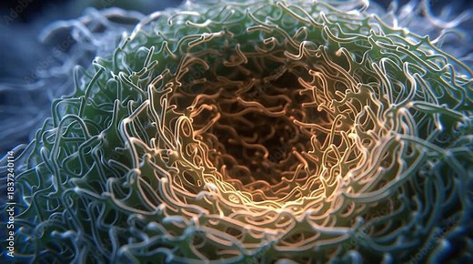 Detailed microscopic 3D render of a cell in prophase, with the nuclear envelope dissolving and DNA condensing into visible, tangled chromosomes as the mitotic process begins.