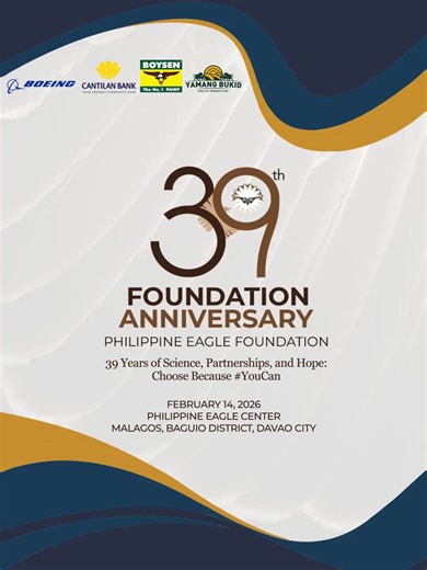 🦅 𝐎𝐍𝐄 𝐃𝐀𝐘 𝐓𝐎 𝐆𝐎! Tomorrow, we celebrate 39 years of choosing conservation—39 years of protecting the majestic Philippine Eagle and standing for our forests. This milestone is made possible by partners, communities, volunteers, and supporters who chose to act for something bigger than themselves. Now, we celebrate together. Join us this February 14 as we mark 39 years of impact, partnership, and purpose. Be part of the story. Be part of the mission. Choose to celebrate. Choose to prote