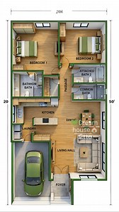 🌿 A practical 2-bedroom layout featuring a spacious living hall, open dining and kitchen with island, laundry area, and a dedicated car garage—ideal for small families or newlyweds. 💚 Overall size: 20 ft x 50 ft (approx.) Room Dimensions (approx.): Living Hall: 14 ft x 15 ft Dining Area: 10 ft x 11 ft Kitchen (with island): 9 ft x 10 ft Bedroom 1: 11 ft x 12 ft Bedroom 2: 10 ft x 11 ft Attached Bath: 5 ft x 7 ft Common Bath: 5 ft x 7 ft Laundry Area: 5 ft x 6 ft Car Garage: 10 ft x 18 ft Foyer