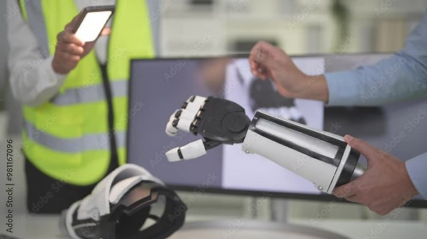 engineers or professionals in safety vests collaborate on a robotics project. One holds a smartphone, while another presents a robotic arm. innovation, teamwork, and technology in the workplace.