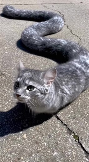An amazing creature has appeared in the yard! This tiny fantasy pet looks like a fluffy gray cat with a head, but its body is a long, flexible snake covered in soft cat fur. Children were delighted when they found this unusual animal basking on the asphalt. With awe and curiosity, they gently lifted it, discovering its incredible length and complete lack of paws. This unique snake-cat seems completely calm and friendly; its large cat eyes curiously follow everything happening, and its whiskers t