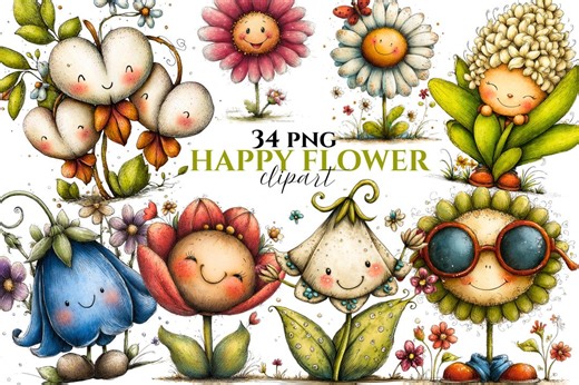 Whimsical Flower Clipart: Flower Spring Graphics (digital Download 34 PNG) - Etsy Hong Kong