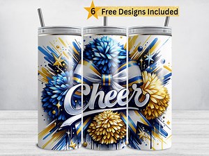 Blue and Gold Cheer Tumbler Wrap, Cheerleader 20 Oz Skinny Tumbler Sublimation Design, Cheer Tumbler PNG, Cheerleading Pom Pom Coquette Bow - Etsy