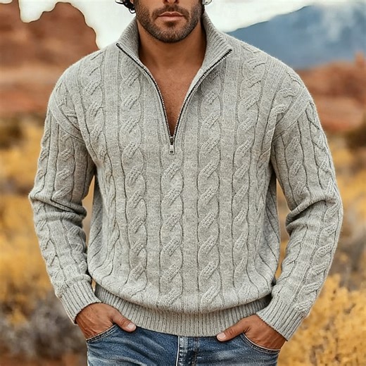 Men's Christmas Sweaters Pullover Sweater Jumper Cable Knit Regular Tops Knitted Quarter Zip Plain Stand Collar Modern Contemporary Casual Xmas Work Clothing Apparel Fall Winter Black Gray M L XL 2025