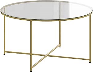Flash Furniture Greenwich Collection Coffee Table - Modern Clear Glass Coffee Table - Crisscross Brushed Gold Frame