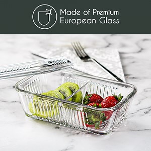 Crystalia Double-Compartment Glass Food Container with Lid, 13.7 oz Divided Storage for Meals, Snacks, Butter, and Honey