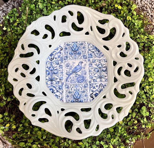 Blue and White Tile-looking Design on White Filigree Vintage Upcycled Plate - Etsy