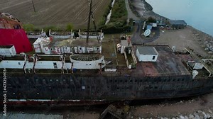 The TSS Steam Ship, Duke of Lancaster Beached near Mostyn Docks, on the River Dee - aerial drone shot