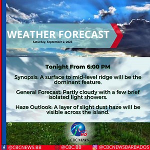 Here is today's weather forecast according to the Barbados Meteorological Services. #CBC #Barbados #CBCNewsBB #Credible #Balanced #Committed #Weather #BarbadosWeather | CBC News Barbados