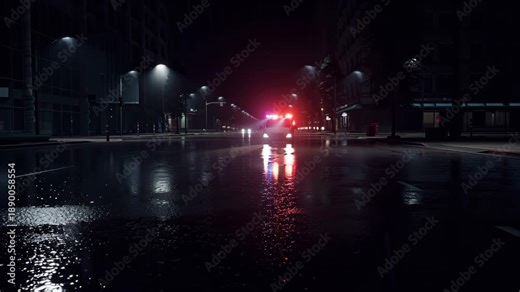 Ambulance driving through city at night with flashing lights, emergency medical response concept, urgent healthcare service and lifesaving transportation.