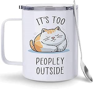 Hyturtle It's Too Peopley Outside Cat Mug With Lid & Spoon, 12oz Insulated Stainless Steel, Funny Christmas Birthday Gifts for Introverts, Cat Anti Social Sarcastic Gifts for Women, Girls Coffee Cup