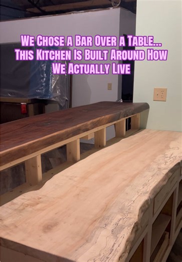 We don’t even use a kitchen table like that… so why design around one? 😂 Instead, we built a bar counter for how we actually live. Eating counter: Black walnut on top 🤎 Prep counter: Maple on the bottom 🤍 Intentional living means designing your space for YOUR habits, not tradition. And don’t worry… I’ll have a butcher board for chopping. I’m not cutting on my good counters 😭✨ #intentionalliving #diyhomedecor #diyprojects #kitchendesign #slowliving