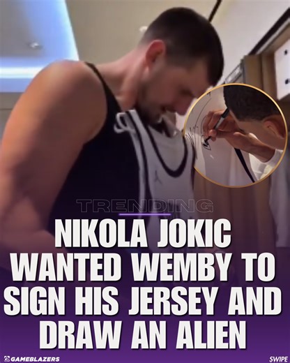 GameBlazers Basketball | “I want the Alien.” Nikola Jokic wanted Wemby to sign his jersey and draw an alien. 🤣🤣 (Follow @hoopsblazers for more!) #nba #spurs... | Instagram