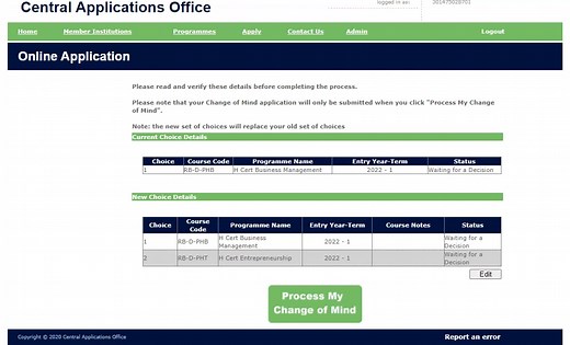 Video Tutorial on how to complete a Change of Mind (CoM) | Central Applications Office (CAO)