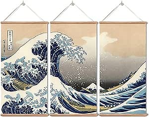 xinyuru Japanese Traditional Art The Great Wave Off Kanagawa by Hokusai,Hanging Poster with Wood Frames,Ready to Hang Decorative Wall 16''x32'' x 3 Piece Set