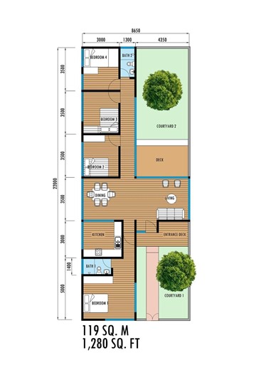 4 Bedroom Courtyard House Floor Plans | 2 Courtyards
