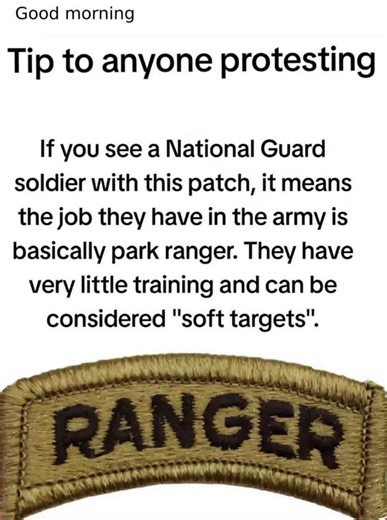 Good morning, protesters! Spotting a National Guard soldier with the ‘RANGER’ patch? Low training, high picnic skills—soft targets or snack suppliers? 😂 #ProtesterTips #RangerRanger | Kyle Sinclair