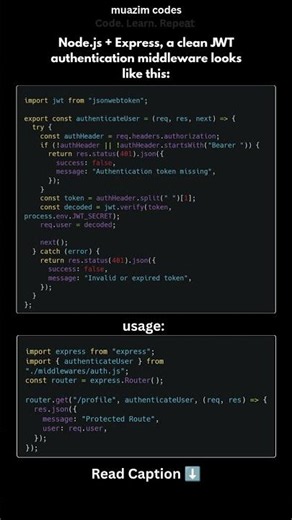 JWT Authentication Middleware #coding #shorts #jwtauthentication #nodejs #expressjs #javascript