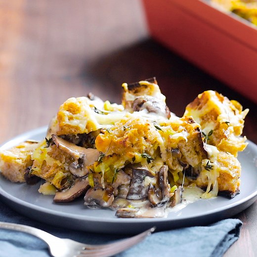 210K views · 943 reactions | Don't you dare call this savory bread pudding made with mushrooms, leeks, and Gruyere cheese stuffing! | Tastemade | Facebook