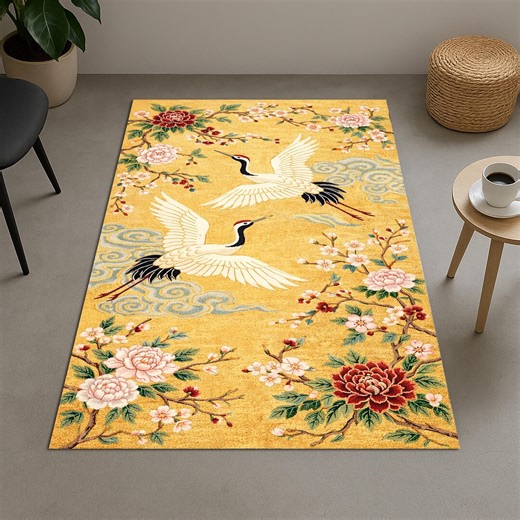 Japanese Crane Blossom Rug, Gold Floral Area Rug, Oriental Bird Pattern Carpet, Sakura Peony Floor Mat, Vintage Style Home Decor - Etsy
