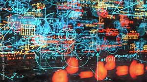 Mathematical notations and equations float in space, with the camera moving through the symbols, focusing on math's complexity. Shallow depth of field adds blur to the scene.