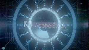 Futuristic technology animation with circular interface, arrows, and symbols