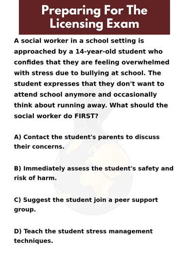 This is one of my favorite practice questions to work through. A social worker in a school setting is approached by a 14-year-old student who confides that they are feeling overwhelmed with stress due to bullying at school. Drop your answer below and let me know how you'd handle it! For hundreds more practice questions, check out Prep and Pass Academy. #prepandpassacademy #lcswprep #lcsw #clinicalsocialwork #examprep #licenseexam #socialworkexam #therapy #lcswexam #mentalhealth #practicequestion