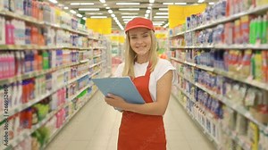 Female supermarket employee in red uniform holding a clipboard in front of shelf in supermarket