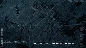 Futuristic motion graphic user interface head up display screen with digital data city map telemetry information display for digital background computer desktop display screen