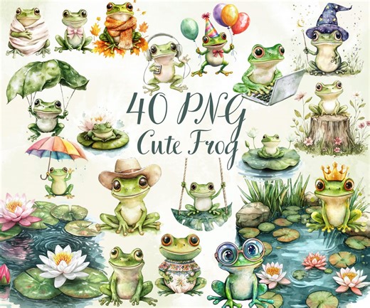40 Cute Frog Clipart – PNG Digital Download, Kawaii Frogs, Cartoon Animals, Transparent Background - Etsy