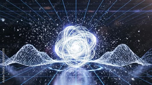 AI data flow energy knot forming a bright core between digital waves on grid