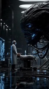 Ultra-realistic cinematic scene inside a futuristic laboratory illuminated by cold white and blue li