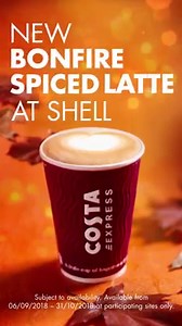 475K views · 491 reactions | Your last chance to try Costa’s new toffee-flavoured Bonfire Spiced Latte – a blend of freshly brewed coffee, delicately foamed milk, and warming spices. Pick up your new pick-me-up at Shell Service Stations. Click here for Costa Express availability bit.ly/2wvbwL0. | Shell | Facebook