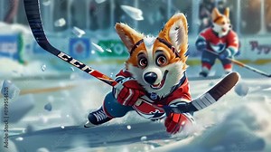 Animated Corgi Playing Hockey on Ice with Enthusiastic Expression