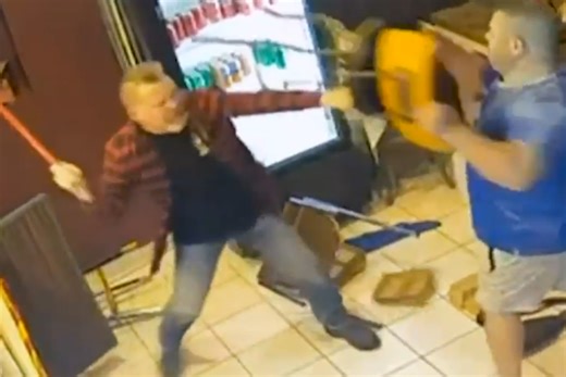 Wild video shows brawl at pizza shop with chairs hurled & punches thrown